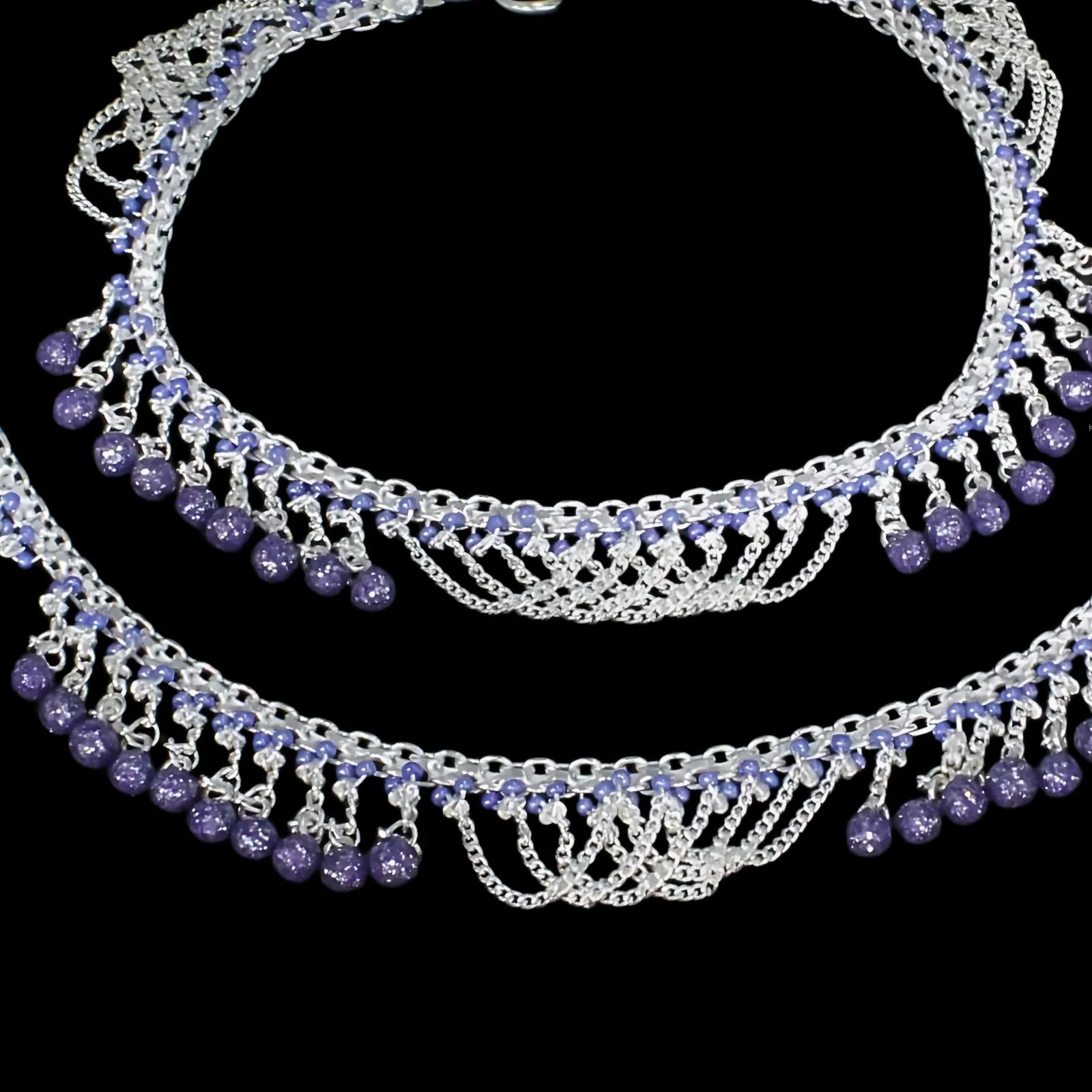 Unique Real Sterling Silver Violet Beads Indian women Jhallar Anklets Ankle Pair 10.5" - Image 5
