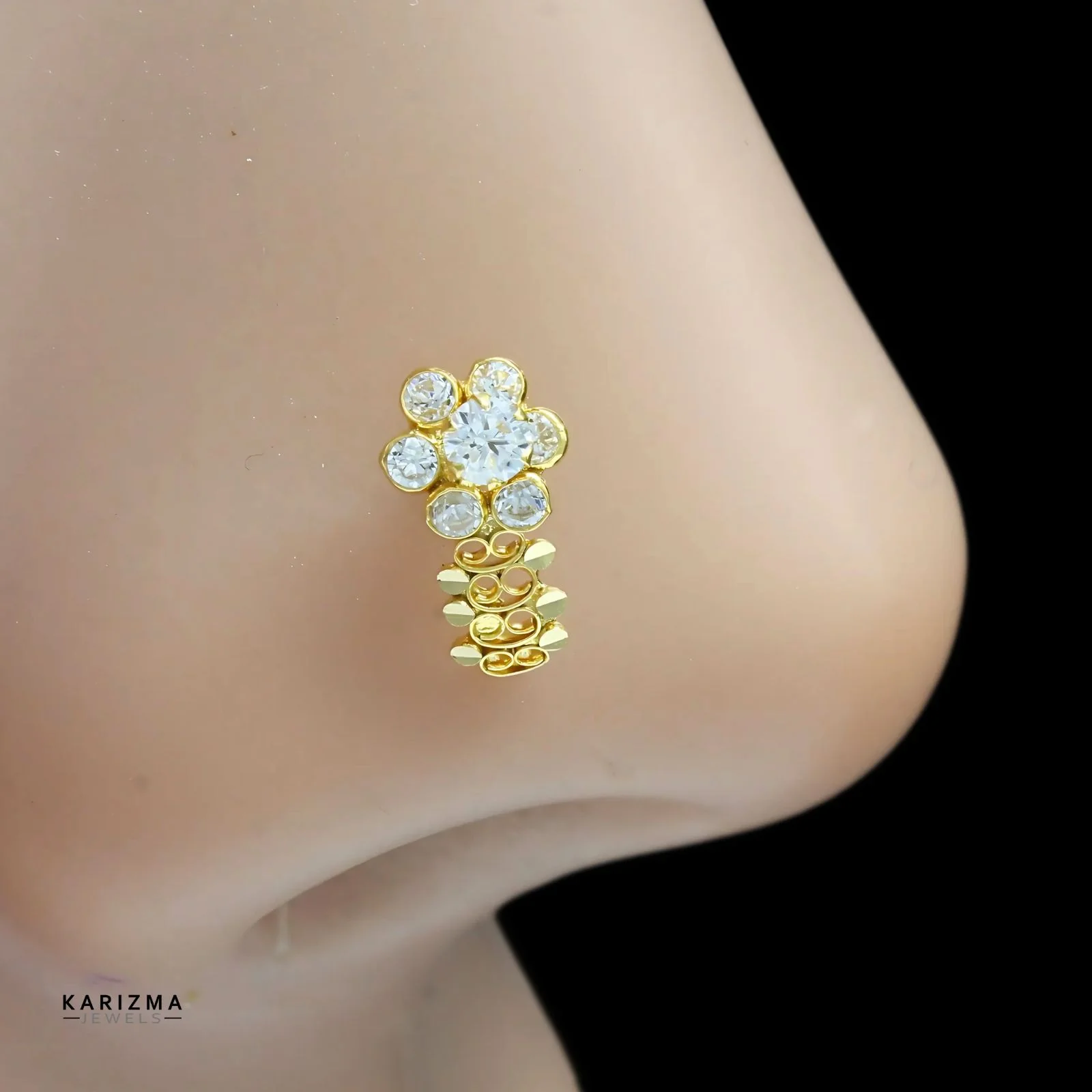Vertical 18K Real Gold Indian Women White CZ floral Nose stud nose ring Push Pin - Image 2