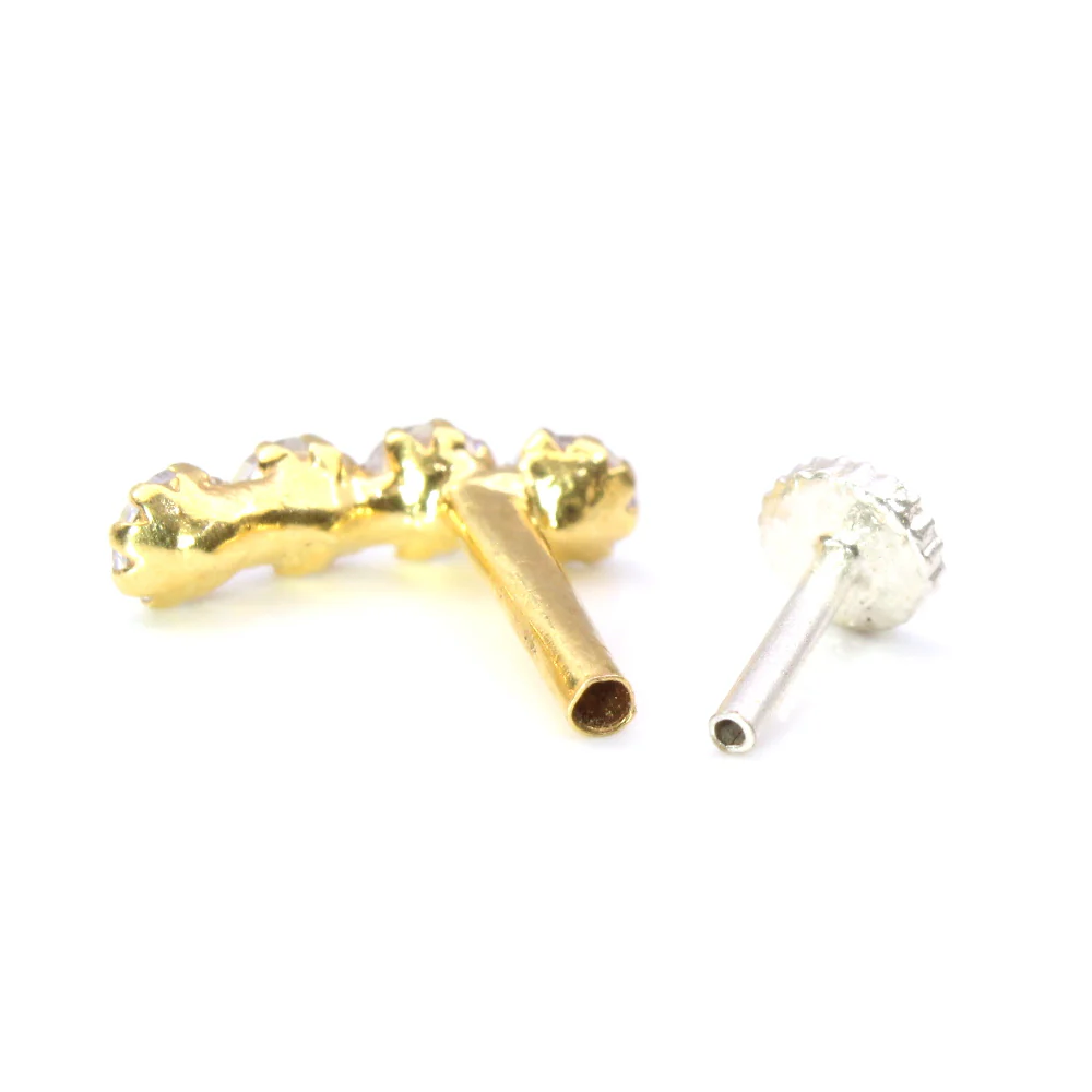 Vertical Style 4 Stone White CZ 14k Real Gold Indian nose ring Push Pin - Image 3